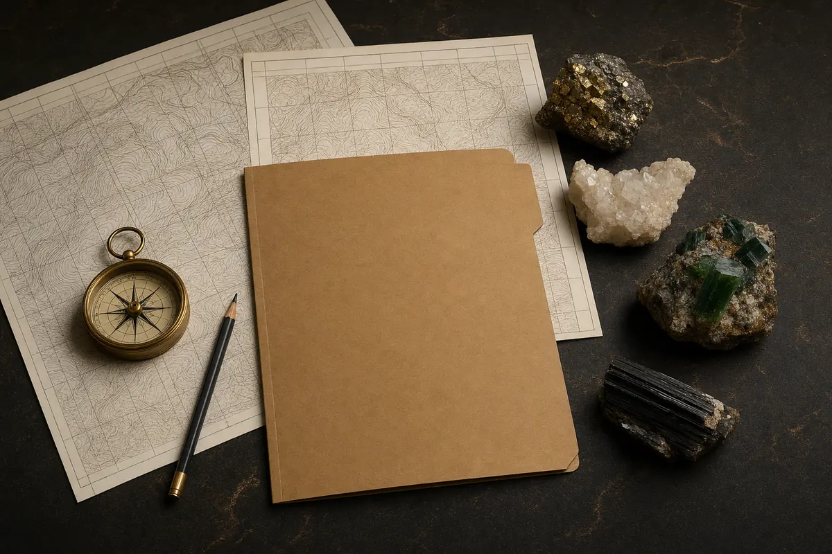 Mapas sem texto, bússola, lápis, pasta de documentos e amostras minerais organizados em uma mesa escura